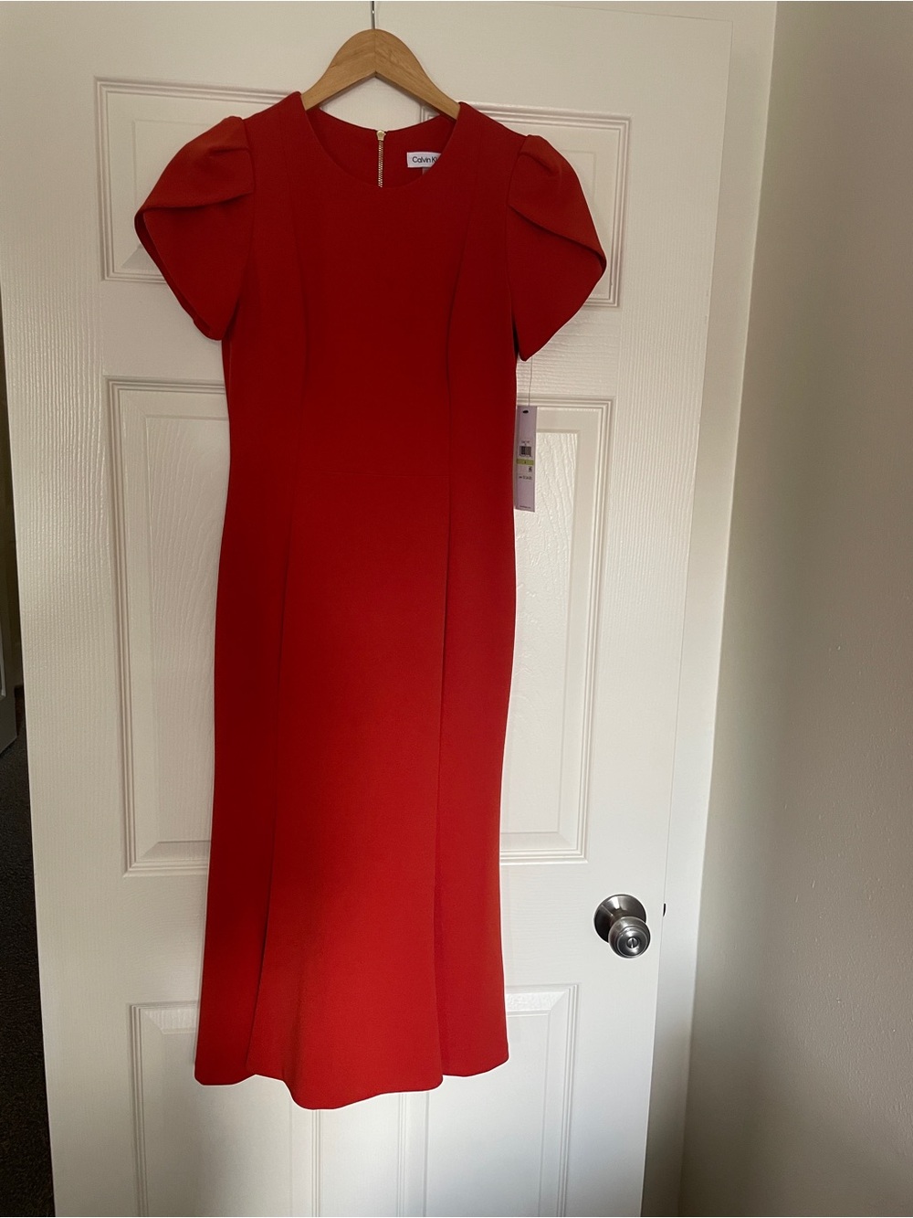 🧡 Calvin Klein Orange Midi Dress with Puff Sleeves 🧡